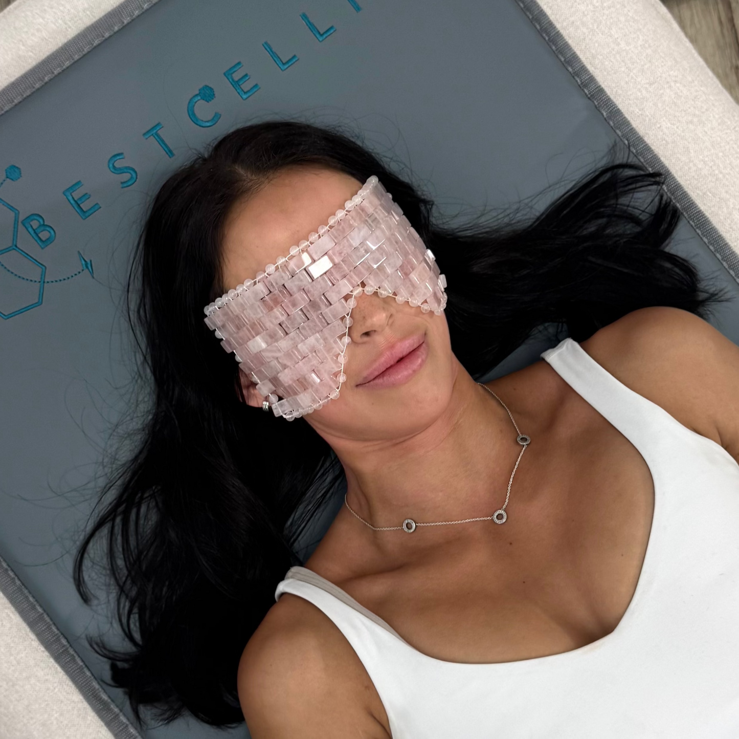Stephanie wearing the rose quartz eye mask