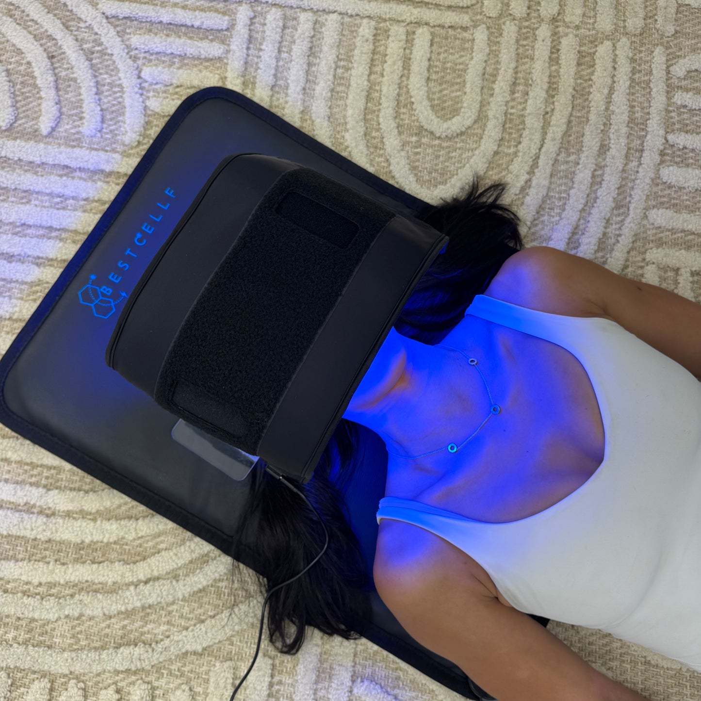 Steph using the blue light for skin health