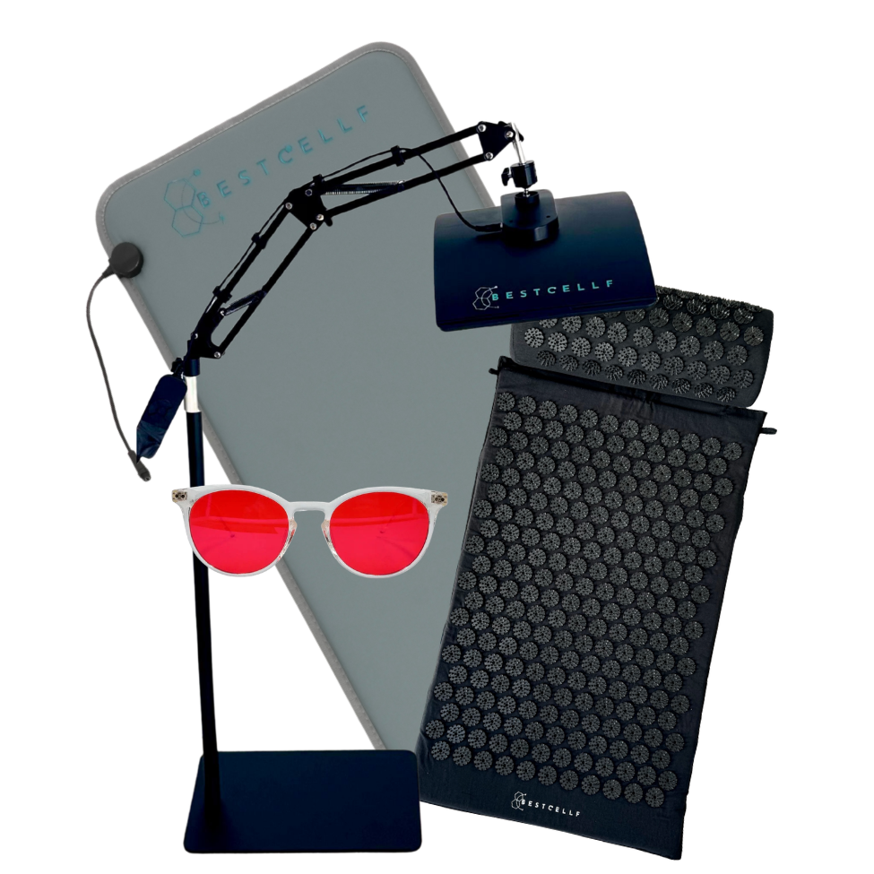 Evening Bundle with PEMF mat, light-blocking glasses, acupressure mat and near infrared red light lamp