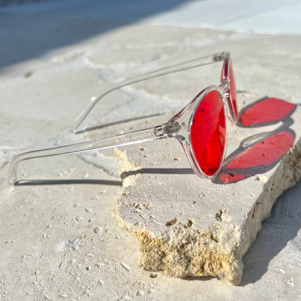 side view of the BEST CELLF red lens blue blocking glasses